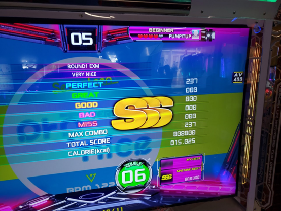 Pump It Up "triple S" rating on Very Nice Double 6.
Options: AV 400
Perfect 237
Great 0
Good 0
Bad 0
Miss 0
Max Combo 237
Total Score 808,800
Calorie (kcal) 015.025