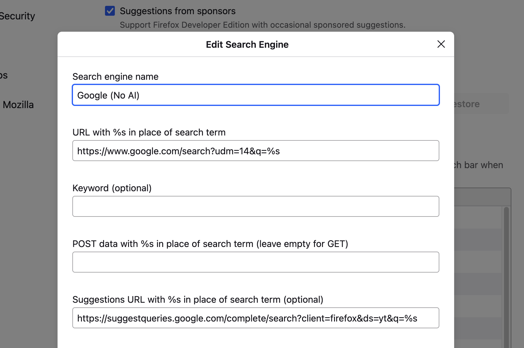 Edit Search Engine panel in Firefox settings. There are fields for search engine name, URL with search term, keyword, POST data, and suggestions URL.