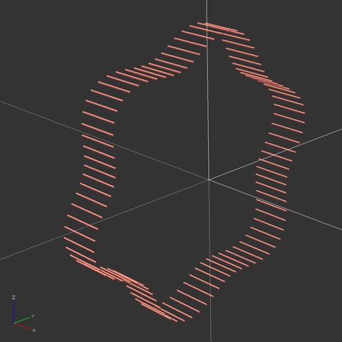 openscad screenshot showing a lot of tiny cylinders along a circle path with some sinus applied.