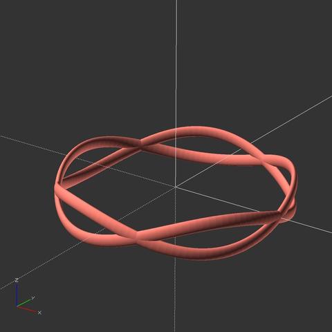 an #openscad render view showing to circular ribbons with a slight sinusidal wobble along z axis.