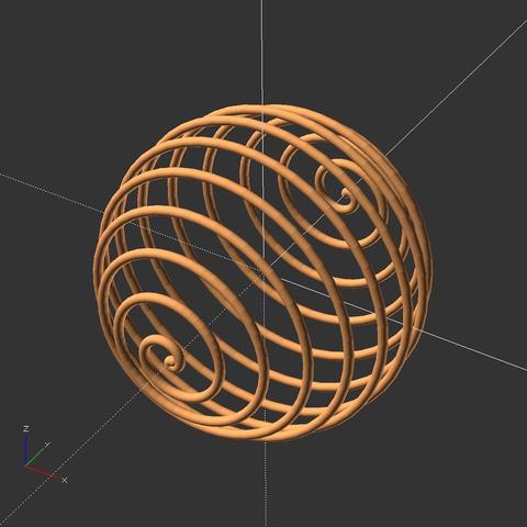 openscad renderview of a spherical helix ball model almost ready to be 3d printed