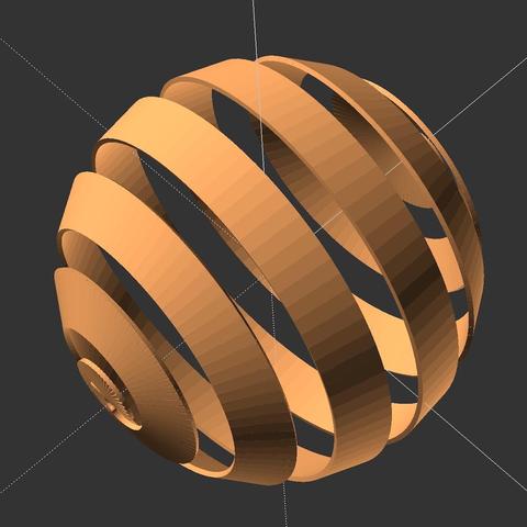 openscad rendering of a spherical helix of ribbons that looks form a ball