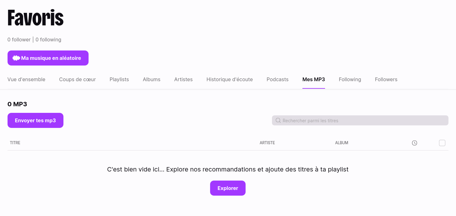 Une capture d'écran de Deezer affichant la section "Mes MP3". Elle suggère d'envoyer ses MP3.
