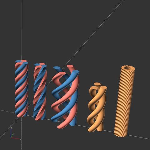 OpenSCAD render view showing five different spirals or ropes which differ in several parameters like stroke count, radius, color, etc.