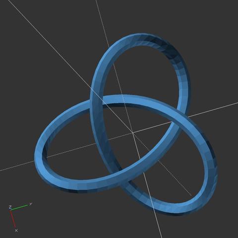 openscad render view showing a polyhedron of a trefoil knot constructed of lots of hexagons along the path.