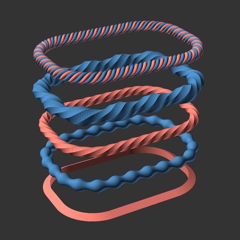 openscad render view of different styled rounded rectangles. Latest addition is a single twist cord.