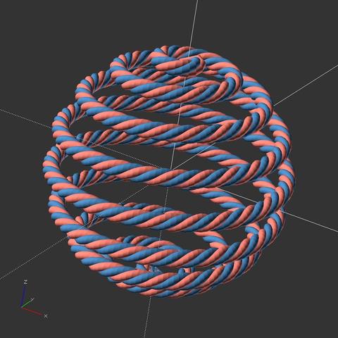 openscad render view of a sphere looking like made out out of a single twist cord of a red and blue string