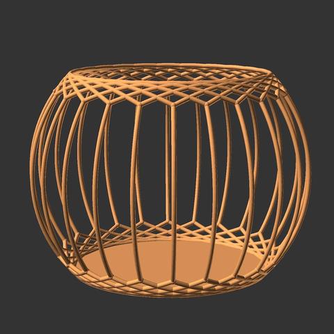 openscad render view showing a simple but beautiful basket made of rotated rounded wire squares and a base plate.
