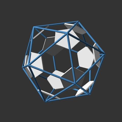 openscad render view with the outer wireframe of an Icosahedron and 12 pentagons below all its vertices.