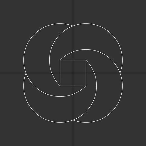 Four arcs originating from the corners of a square and whose centre point is the diagonally opposite corner. The arcs end at a mirror axis exactly at the adjacent arc.
