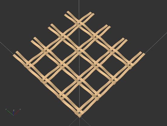 Rattan-like weave modelled with OpenSCAD, view from above showing the weave so that the upper and lower layers are clearly visible.
