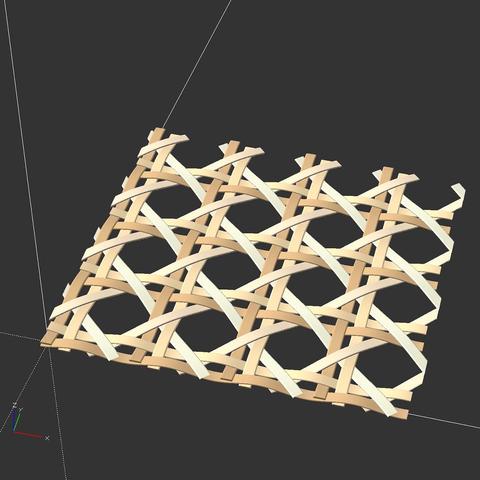 openscad render view showing some vienna canework pattern made out of different sinus shaped polyhedrons. it is colored so it looks similar to the well known pattern from Thonet coffeeshop chairs