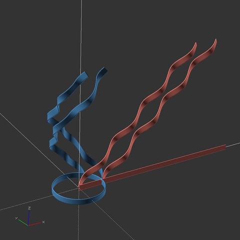 OpenSCAD render view showing three salmon-coloured paths ‘along’ the x-axis, which are converted into steel-blue paths along a circle in the x/y plane.